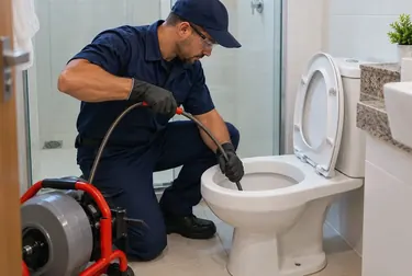 Desentupindo vaso sanitário com equipamento especializado.