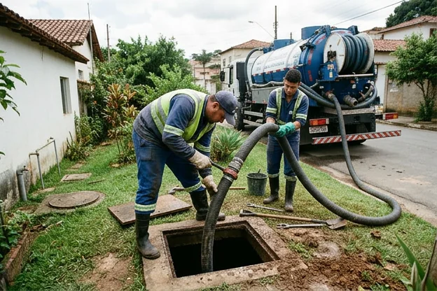 Equipe técnica realizando limpeza de fossa séptica em Muriaé.