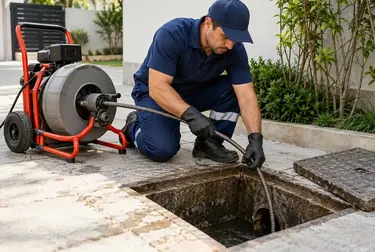 Profissionais realizando o desentupimento de esgoto.