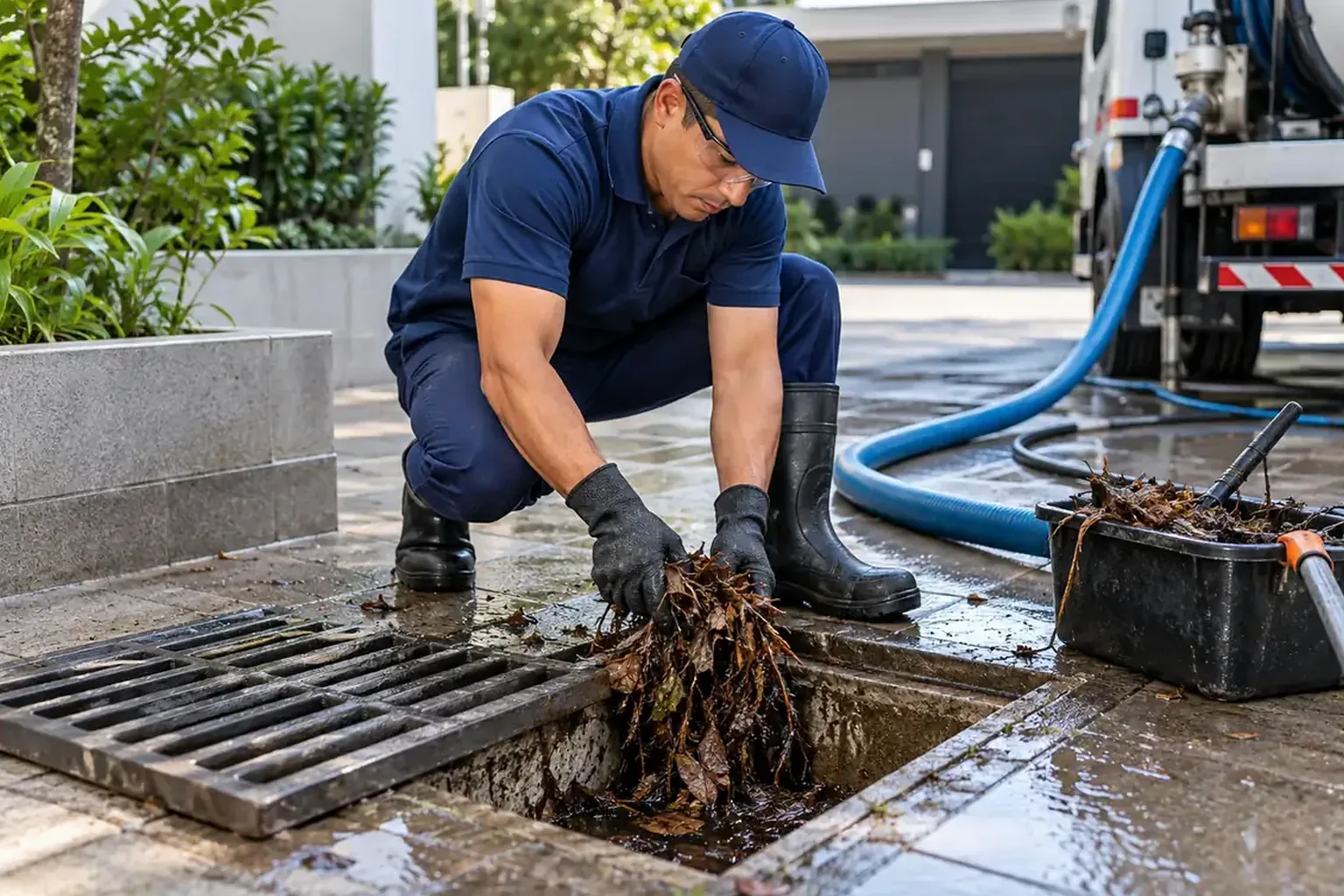 Profissionais trabalhando no desentupimento de rede pluvial.