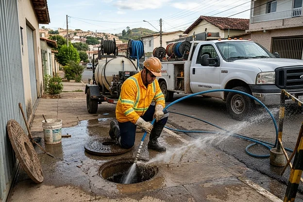 Profissional usando hidrojateamento para desentupir com eficiência.