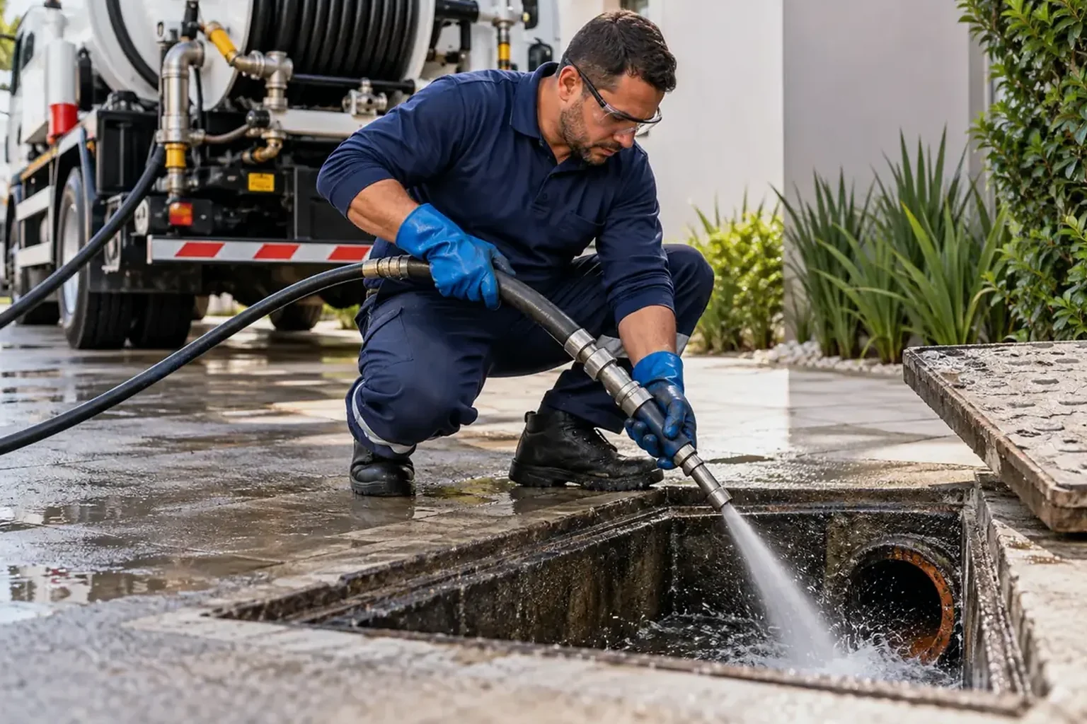 Profissional usando hidrojateamento para desentupir tubulação.